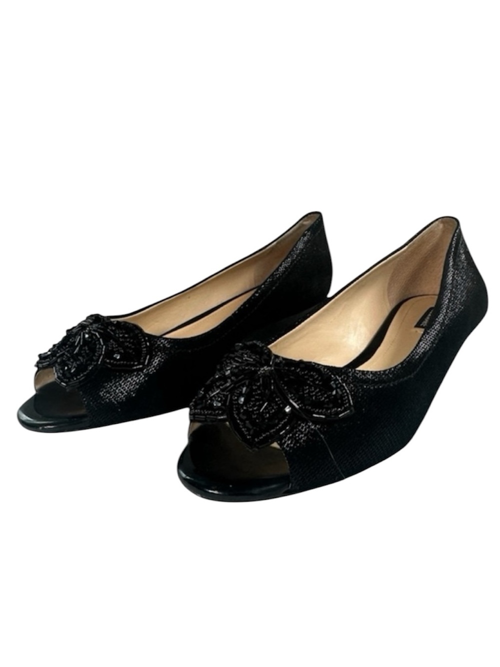 Alex Marie Desirae Black Peep Toe Low Wedge Flat Beaded Flower Size 7.5